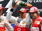 Дженсон Баттон, Льюис Хэмилтон и Фернандо Алонсо на подиуме Гран При Канады