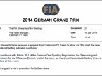 Решение стюардов Гран При Германии о допуске Маркуса Эриксона на старт